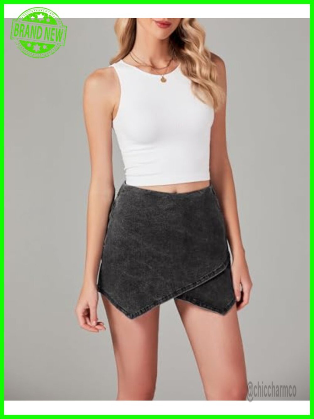 Denim Skort with Pockets - High Waisted Pull On Wrap Skort - Picture 3 of 6